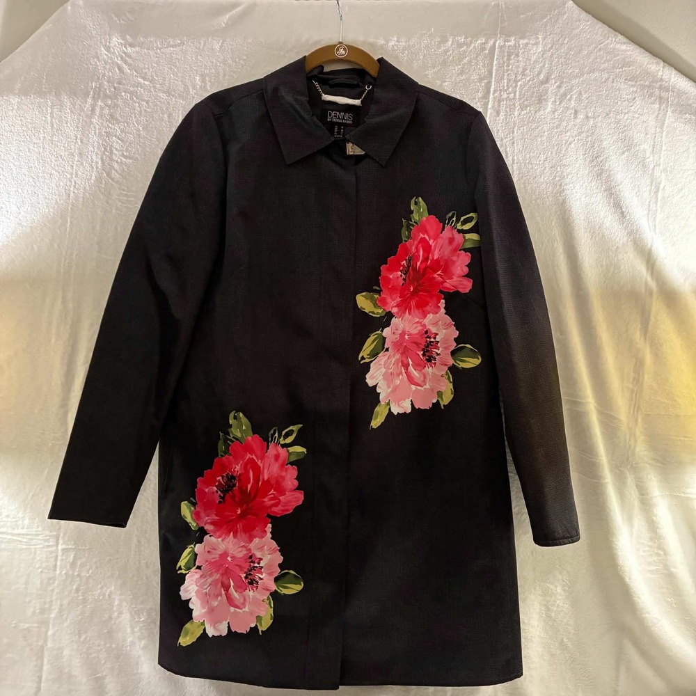Dennis by Dennis Basso Coat Womens M Black Pink Floral Rose Print Lined Jacket